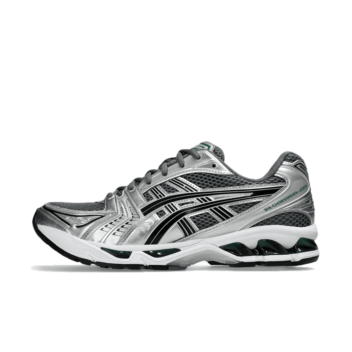Zijaanzicht van de ASICS Gel Kayano 14 in Metropolis Jasper Green met diepe groentinten, zilveren overlays en sportieve GEL-zool
