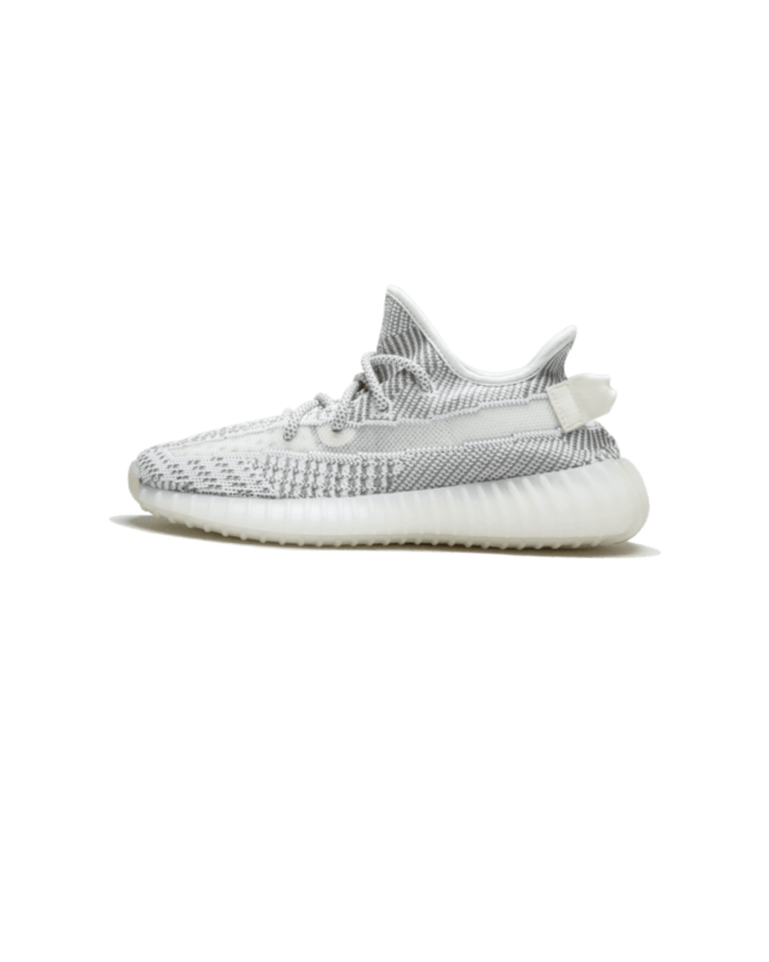 Zijaanzicht van de Adidas Yeezy Boost 350 V2 Static EF2905 met witte en grijze Primeknit en doorschijnende zool