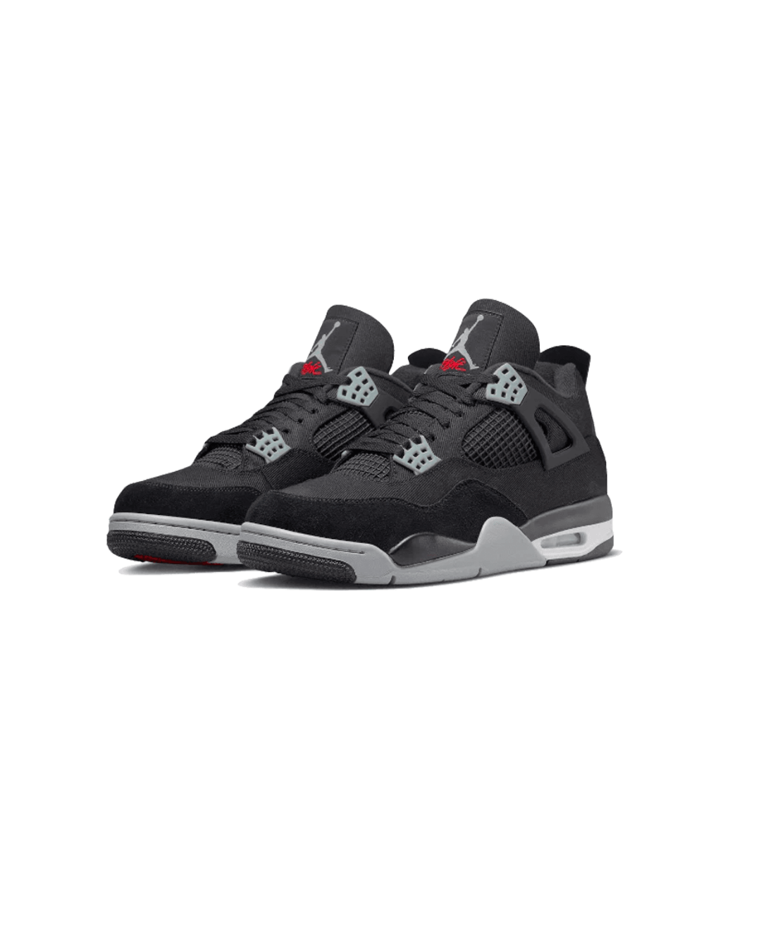 Air Jordan 4 Retro SE Black Canvas sneaker met zwart bovenwerk, witte zool en rode details vooraanzicht