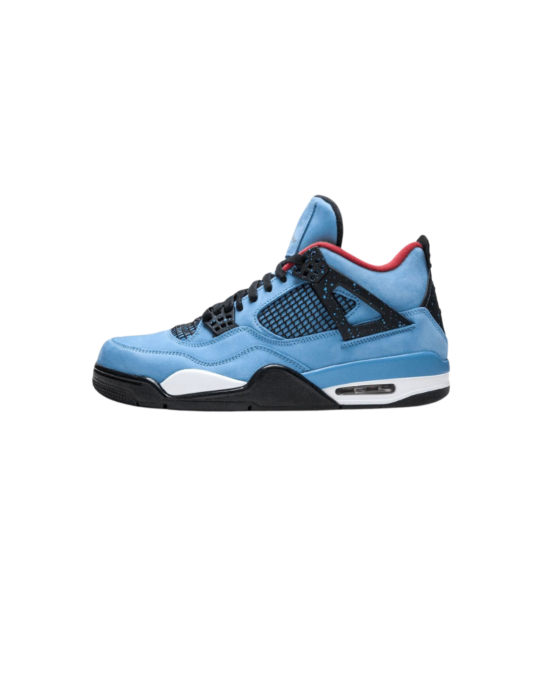 Air Jordan 4 Retro Travis Scott Cactus Jack sneaker in University Blue suède met zwarte details en zichtbare Air unit zijaanzicht