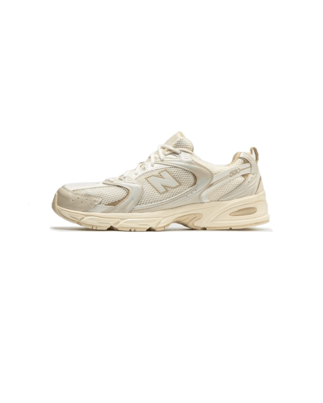 New Balance 530 Beige Angora zijaanzicht met warme beige tinten, zachte mesh en retro ABZORB-zool