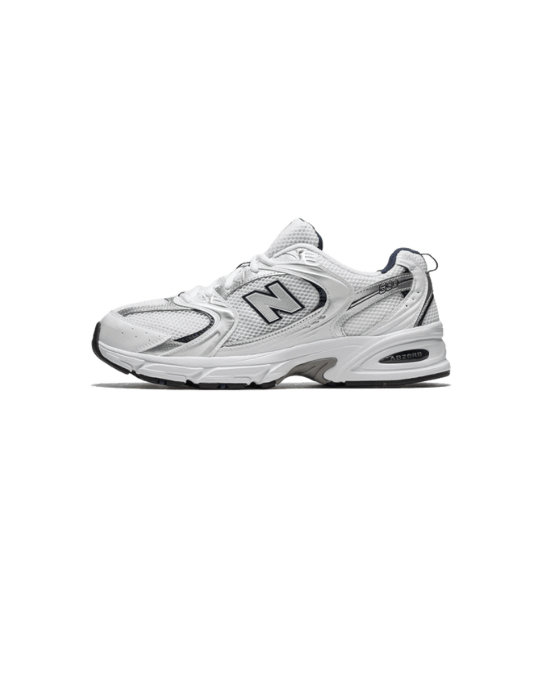 New Balance 530 White Silver Navy zijaanzicht met zilveren overlays, marineblauwe details en retro zooldesign
