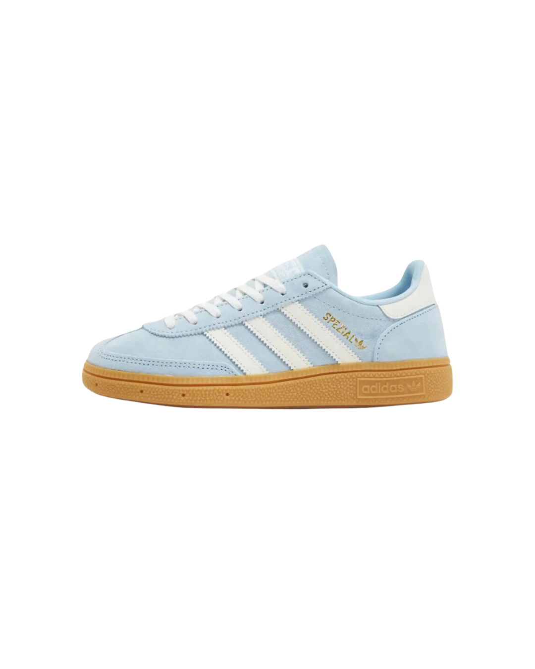 Adidas Handball Spezial Clear Sky (Women's) – vooraanzicht met lichtblauwe suède upper, witte 3-Stripes en semi-transparante gumzool