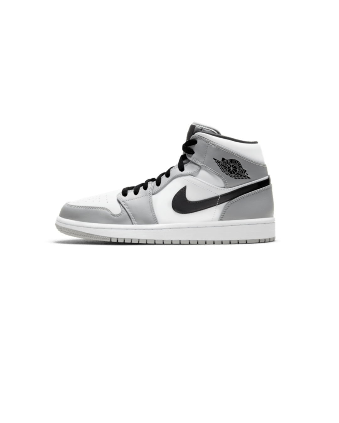 Air Jordan 1 Mid Light Smoke Grey – voorkant met witte basis, grijze overlays en zwarte Swoosh, clean en neutraal silhouet
