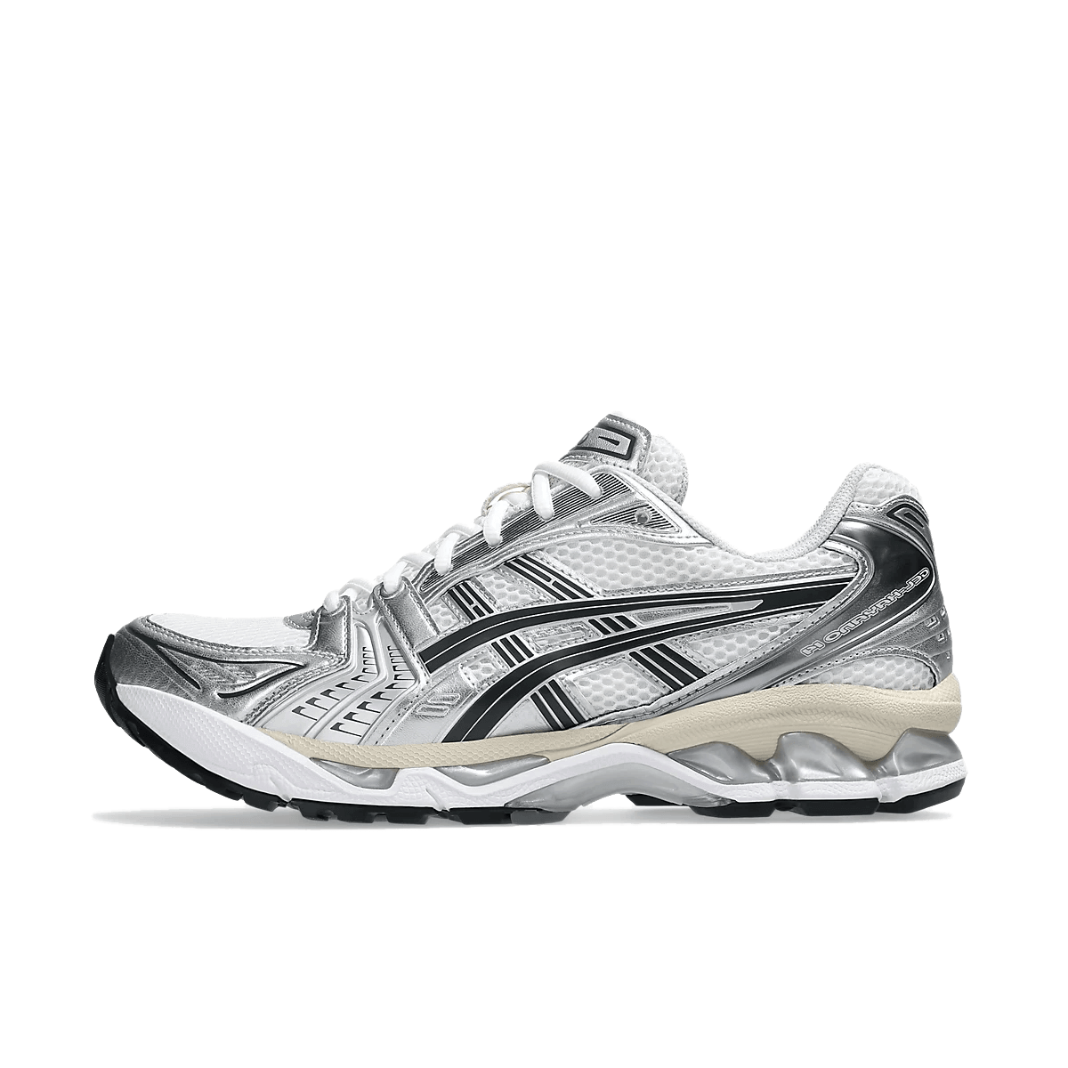 ASICS GEL-Kayano 14 White Graphite Grey 1201A019-103 – front view met mesh upper, zilver-witte overlays en gestroomlijnd silhouette