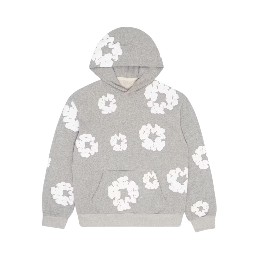 Denim Tears The Cotton Wreath Hoodie Grey – oversized grijze hoodie met rood-wit borduursel