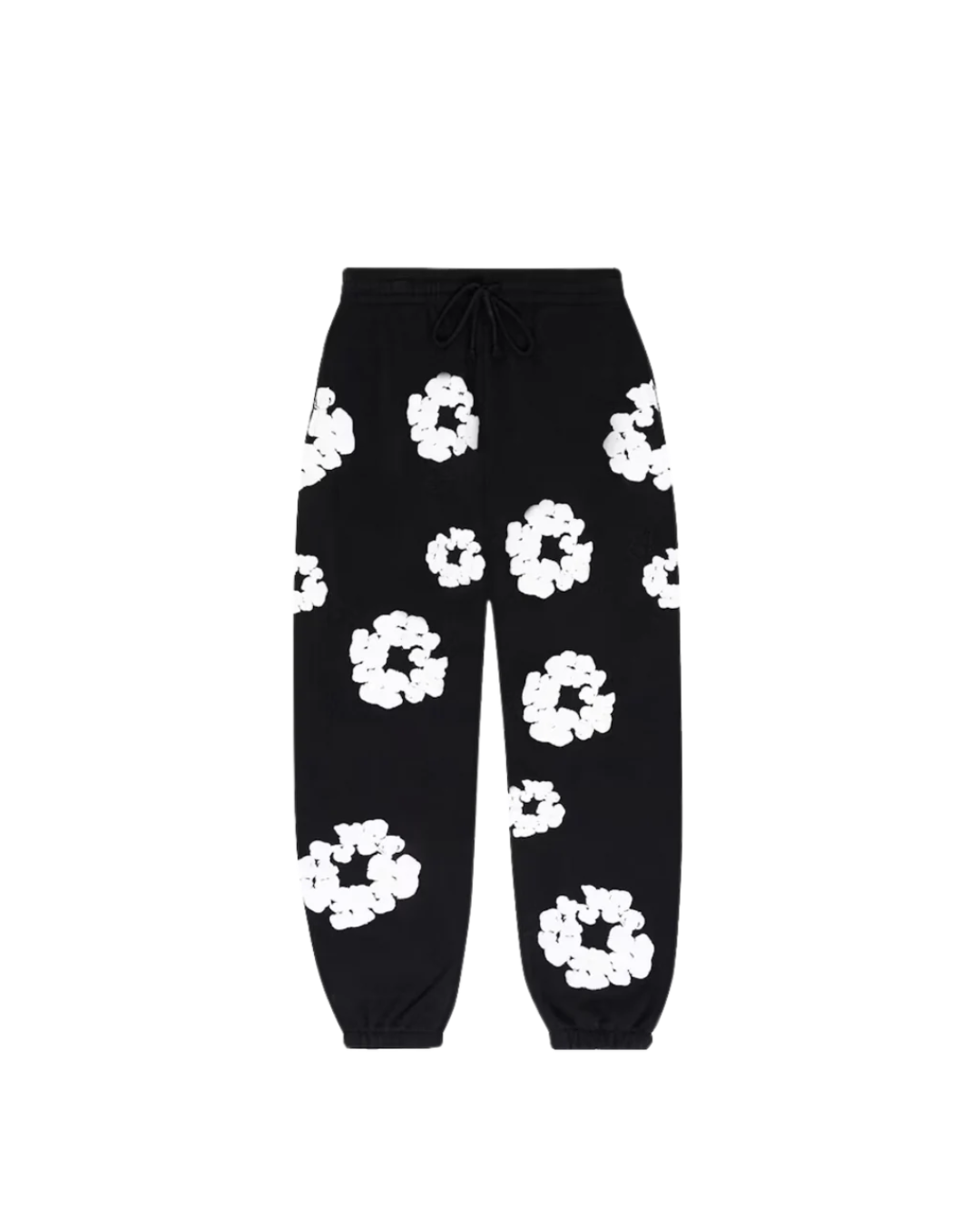Denim Tears The Cotton Wreath Sweatpants Black – oversized zwarte sweatpants met rood-wit borduursel
