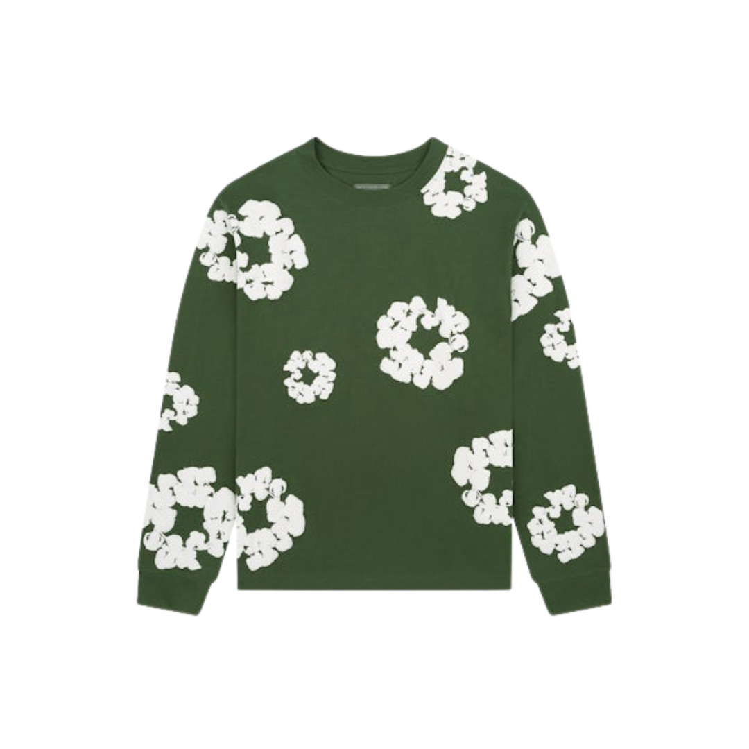 Denim Tears Long Sleeve Cotton Wreath T-shirt Green – oversized groene longsleeve met rood-wit borduursel