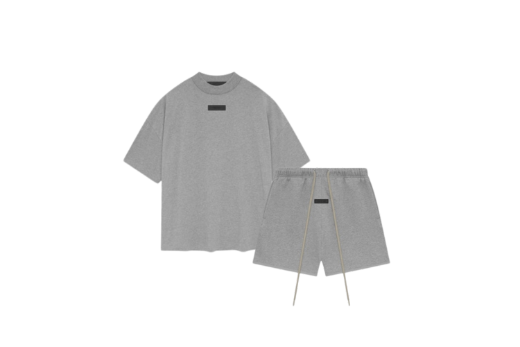 Fear of God Essentials Dark Heather Oatmeal Short Set FW23 with short sleeve T-shirt and shorts displayed flat on clean studio background.