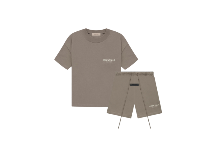 Fear of God Essentials Desert Taupe Summer Set with short sleeve T-shirt and shorts displayed flat on clean studio background.