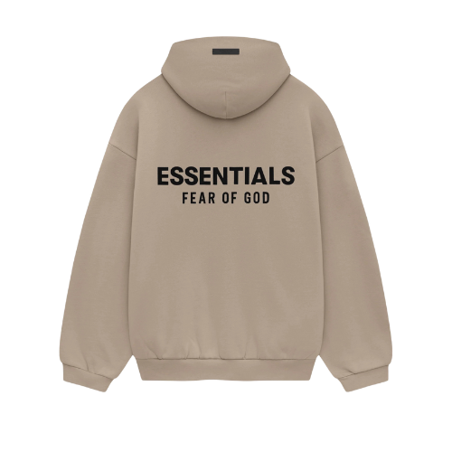 Model wearing Fear of God Essentials FW24 Desert Sand Hoodie styled with neutral pants highlighting oversized fit, cozy fabric and clean streetwear look.