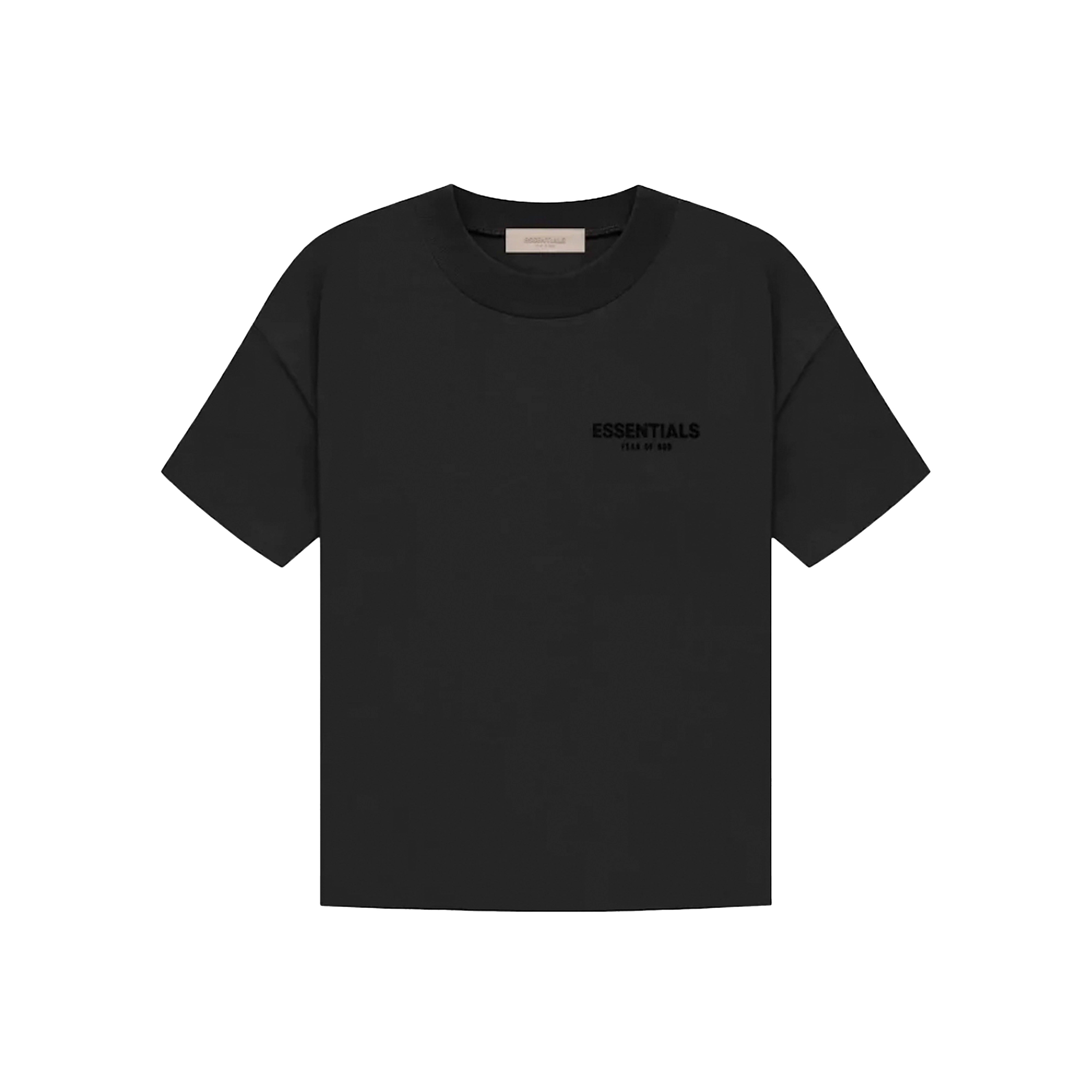 Fear of God Essentials Limo Black T-shirt front view highlighting tonal black logo and premium cotton texture.