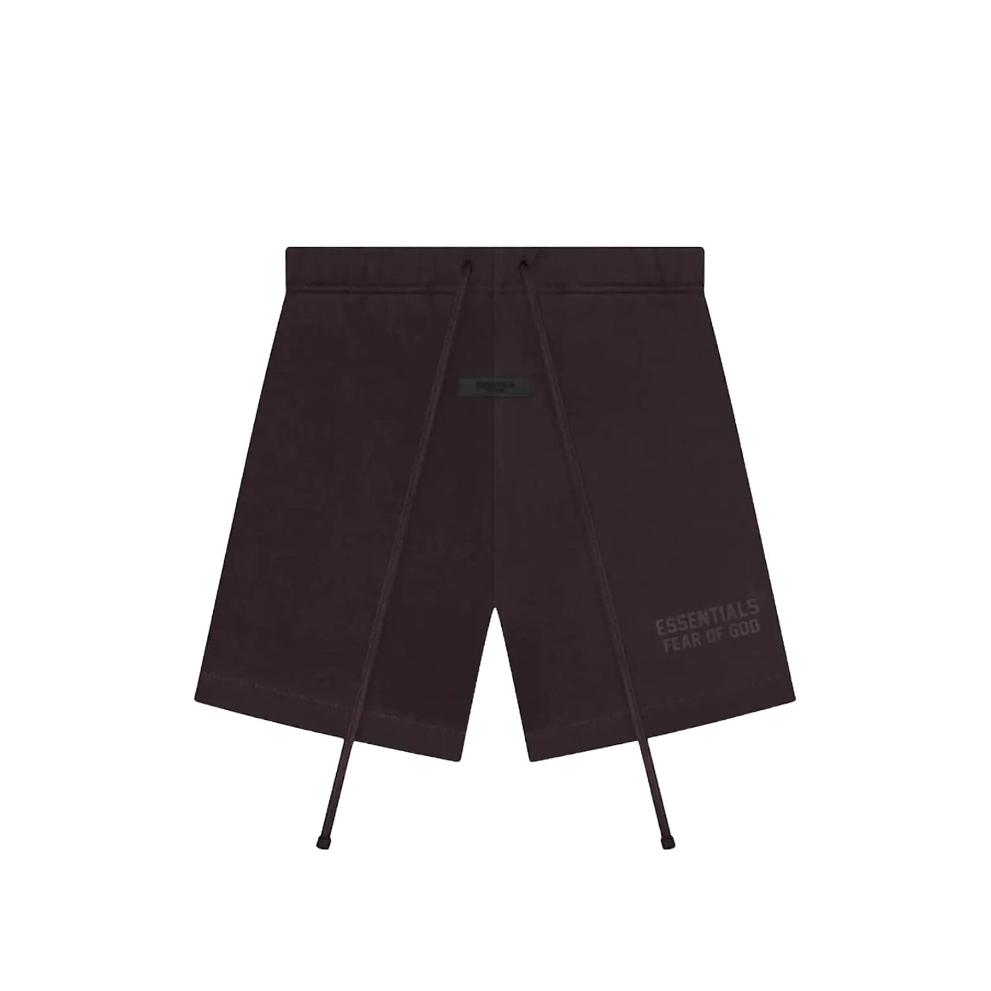 Fear of God Essentials Plum shorts flat lay highlighting minimal branding, elastic waistband and lightweight cotton texture.