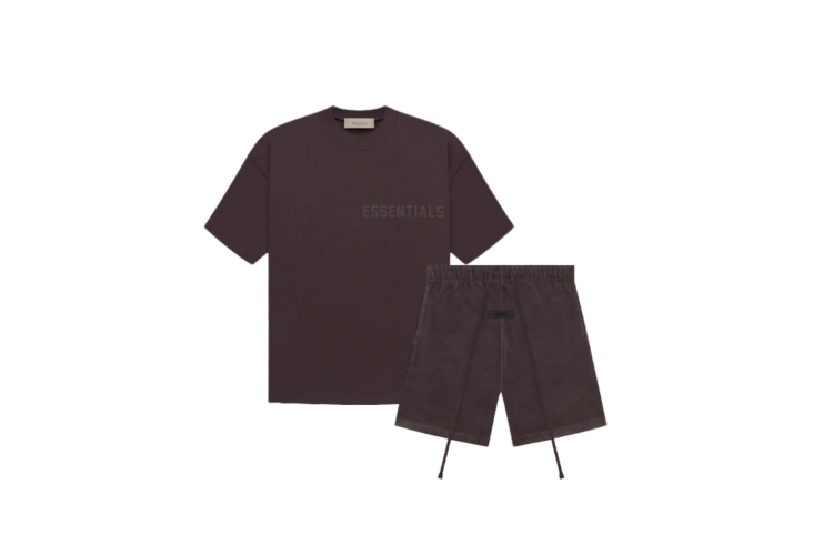 Fear of God Essentials Plum Summer Set with short sleeve T-shirt and shorts displayed flat on neutral studio background.