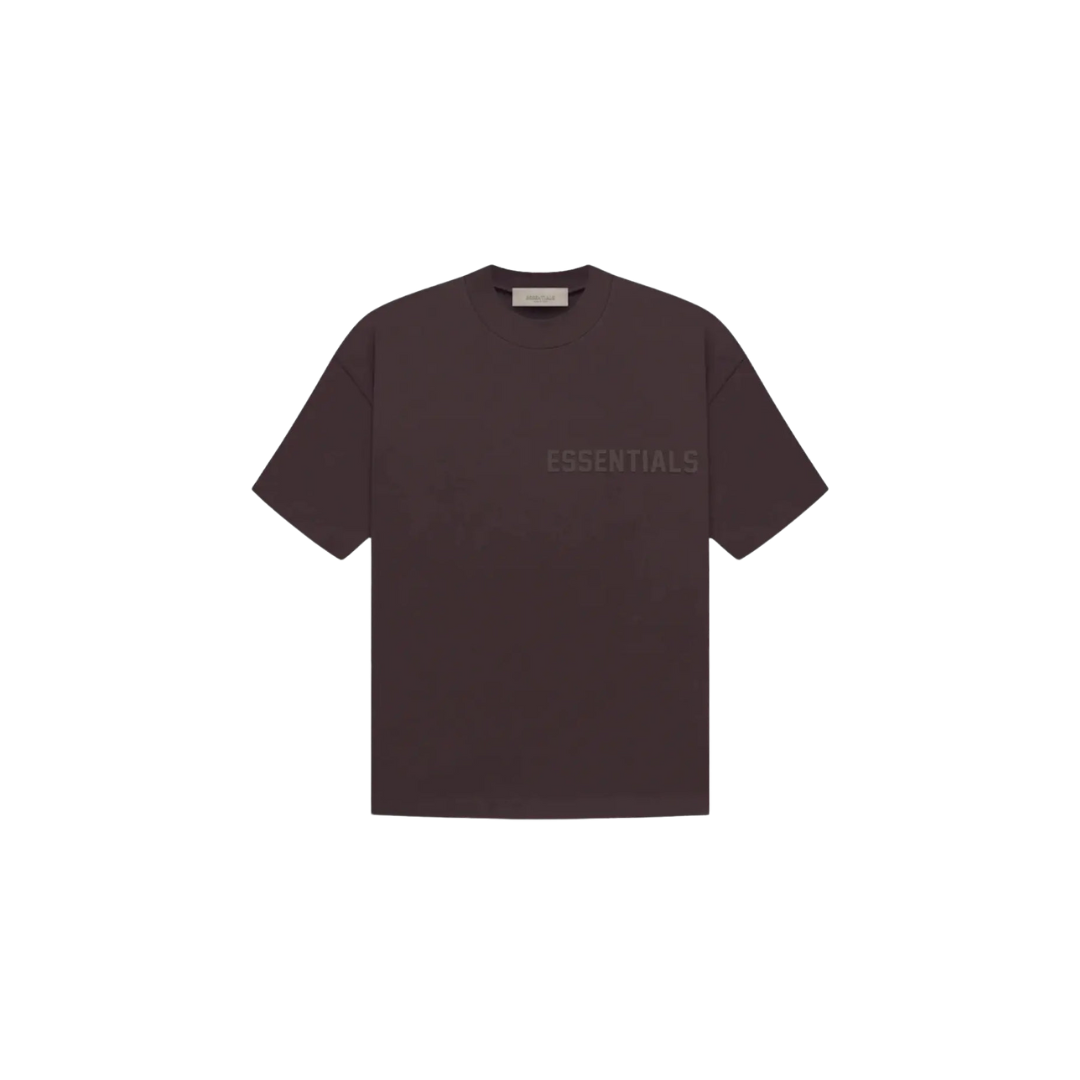 Fear of God Essentials Plum T-shirt front view highlighting deep plum color, relaxed silhouette and chest Essentials logo.