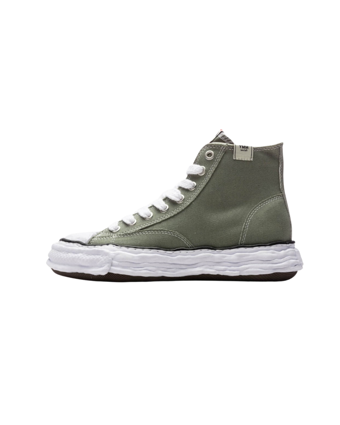 A11FW701-GRN Maison Mihara Yasuhiro Peterson 23 OG Sole Canvas High Green – vooraanzicht high-top canvas sneaker in diepgroen met handgevormde rubberzool
