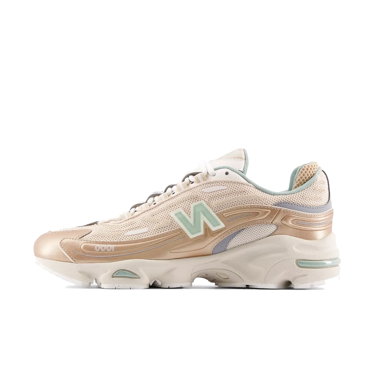 New Balance 1000 Desert Clay (SKU M1000DG) – vooraanzicht met beige mesh en rosegouden overlays