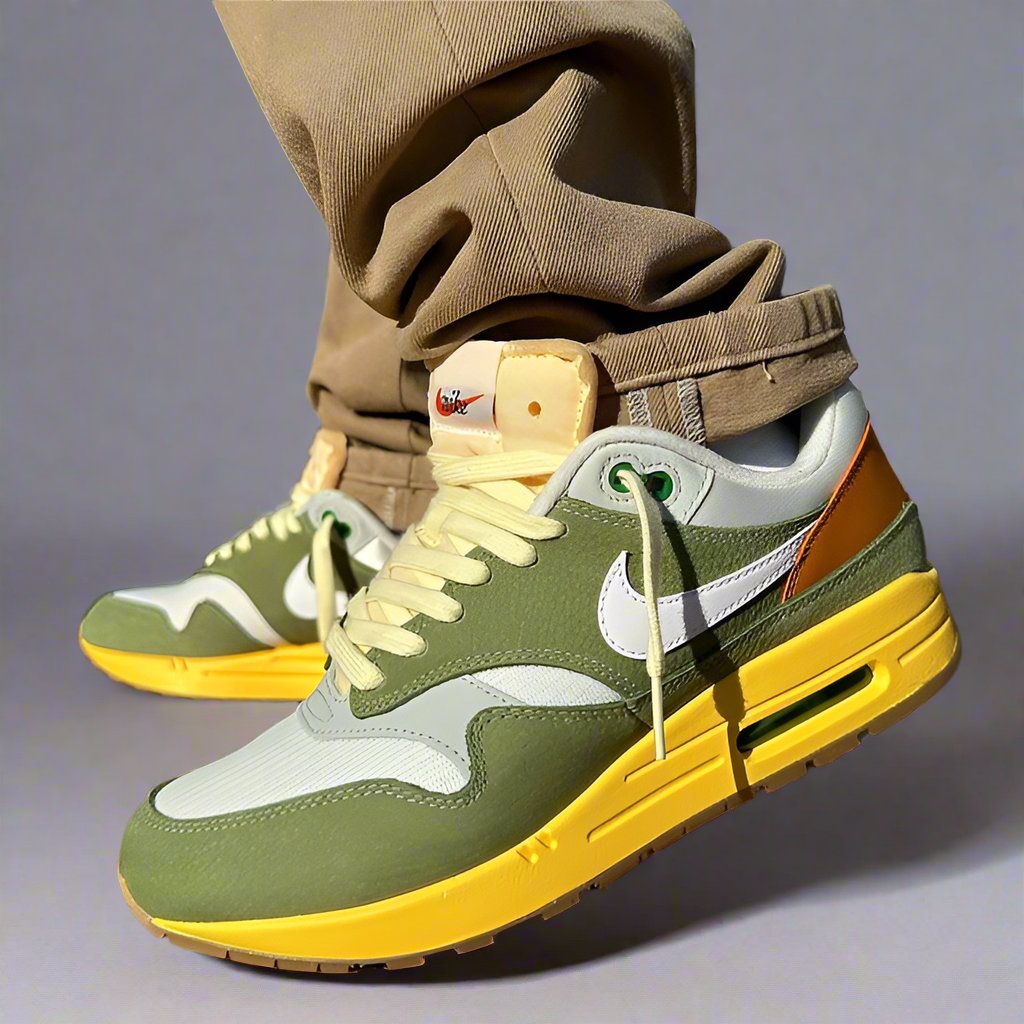On foot beeld in studio met opgerolde cargobroek, warme belichting en nadruk op de Japanse esthetiek van kleurblokken