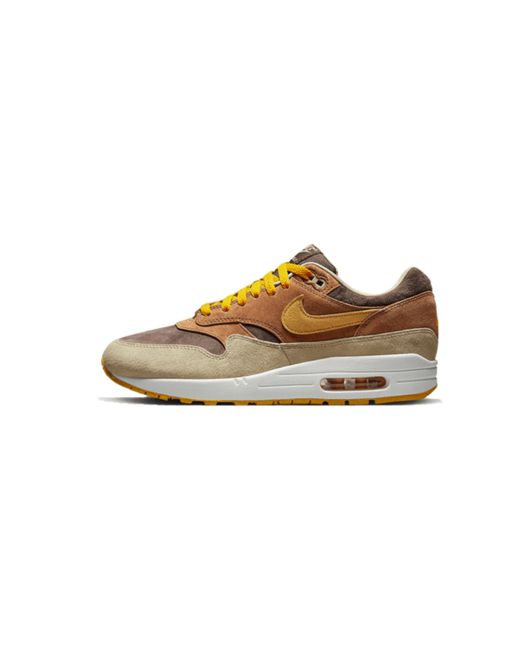 Nike Air Max 1 PRM Duck Pecan zijkant premium sneaker met bruine suède en oranje accenten, nu verkrijgbaar bij Snrkickz