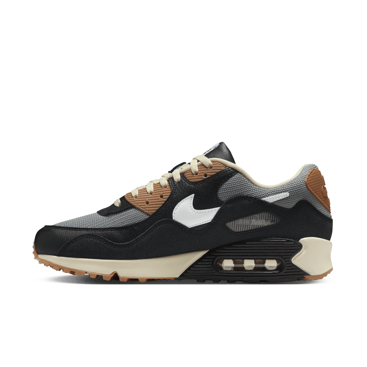 Nike Air Max 90 SP Patta Waves Black Particle Grey – vooraanzicht met golvend zwart suède paneel, grijze mesh en klassieke Air Max-zool