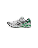 Zijkant van de ASICS Gel Kayano 14 White Malachite Green met wit mesh bovenwerk, felgroene accenten en retro running design – model 1202A056 109

