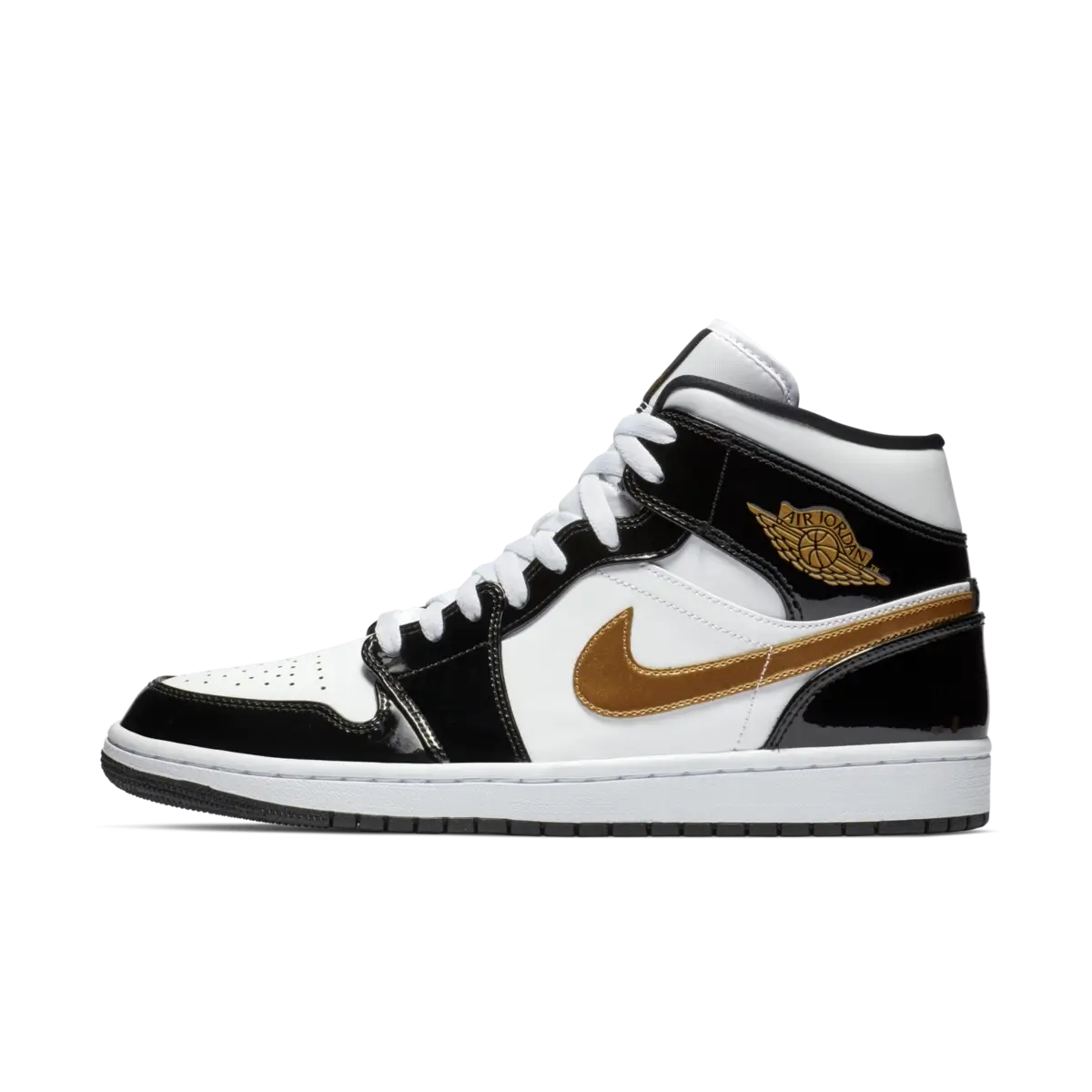 Air Jordan 1 Mid Patent Black White Gold