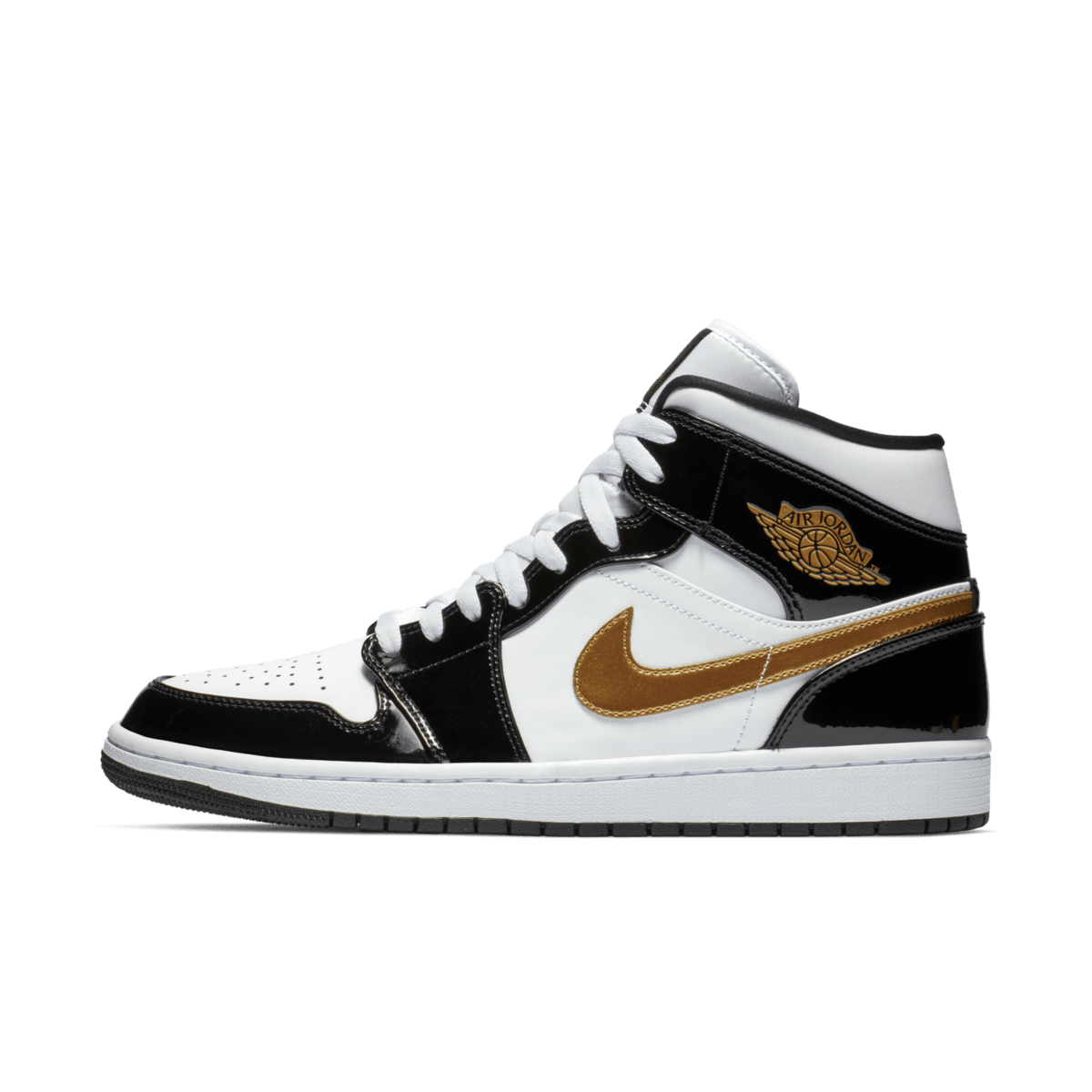 Air Jordan 1 Mid Patent Schwarz Weiß Gold
