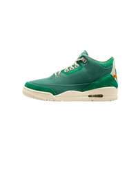 Air Jordan 3 Retro SP Nina Chanel Abney Bicoastal FZ7974-300 zijaanzicht met groen suède, sail midsole en unieke kunstzinnige details

