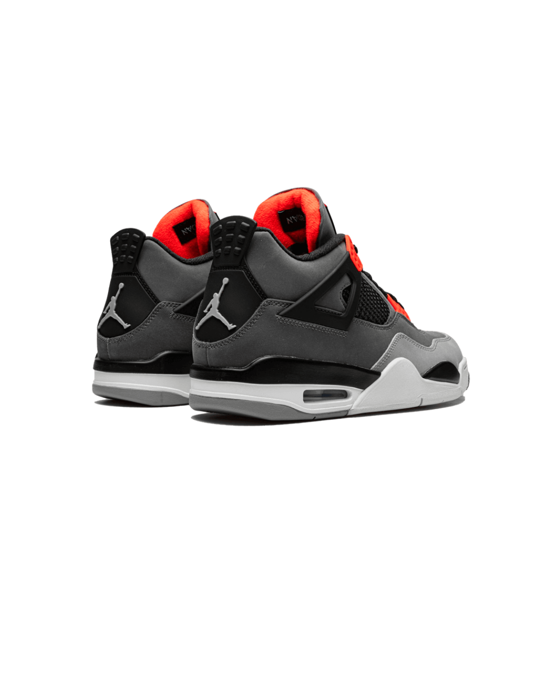 Air Jordan 4 Infrared achter- en zijaanzicht  van zichtbare Air-unit in Cement Grey middenzool met zwarte buitenzool