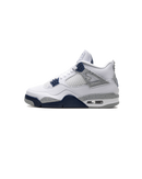 Air Jordan 4 Midnight Navy zijaanzicht wit leren bovenwerk met donkerblauwe en grijze details, frisse ook