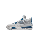 Air Jordan 4 Retro Military Blue sneaker met wit leren bovenwerk, grijze overlays en blauwe details zijaanzicht