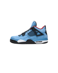 Air Jordan 4 Retro Travis Scott Cactus Jack sneaker in University Blue suède met zwarte details en zichtbare Air unit zijaanzicht