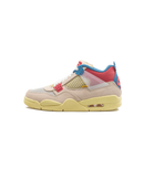 Air Jordan 4 Retro Union Guava Ice zijaanzicht pastelroze en gele Jordan 4 met felblauwe en rode accenten, zomerse limited edition release