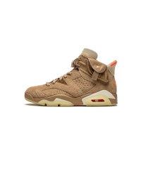Air Jordan 6 Travis Scott British Khaki DH0690-200 zijaanzicht met suède upper, stash pocket en glow-in-the-dark details

