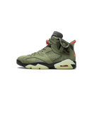 Air Jordan 6 Travis Scott Medium Olive CN1084-200 zijaanzicht met olijfgroen nubuck, stash pocket op de enkel en oranje details

