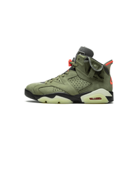 Air Jordan 6 Travis Scott Medium Olive CN1084-200 zijaanzicht met olijfgroen nubuck, stash pocket op de enkel en oranje details

