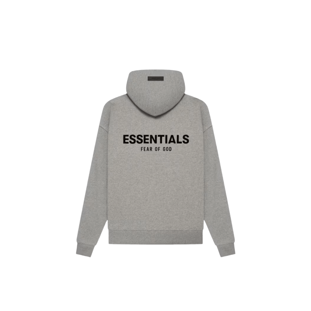 Fear of God Essentials Dark Oatmeal Hoodie – frontview render met subtiel Essentials-merklogo op donker havermoutkleurige stof