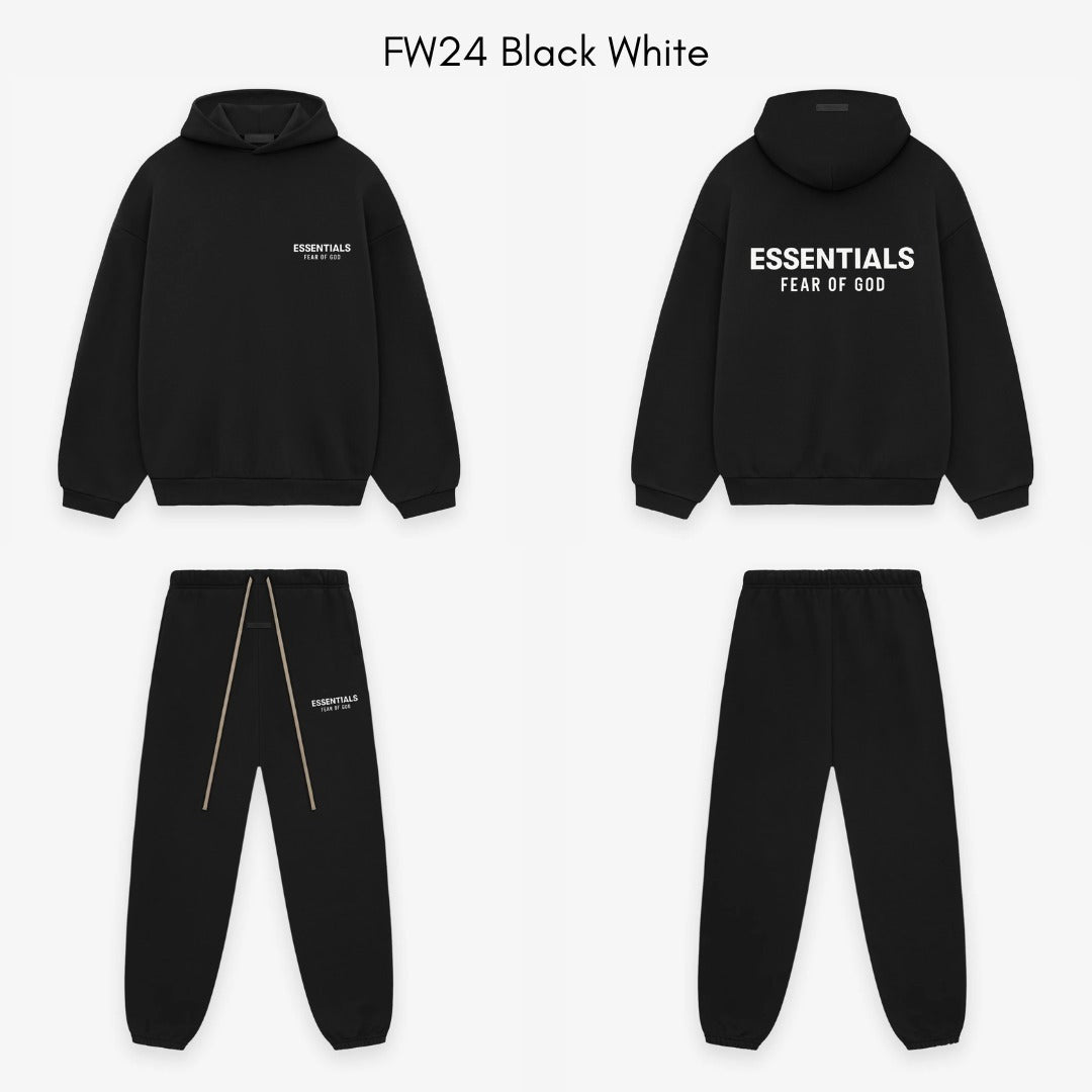 Fear of God Essentials FW24 Black White Hoodie gedragen | Snrkickz