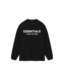 Achterzijde van de Fear of God Essentials Jersey Long Sleeve T-Shirt Black met groot wit Essentials logo en seizoensopdruk FW24