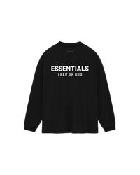 Achterzijde van de Fear of God Essentials Jersey Long Sleeve T-Shirt Black met groot wit Essentials logo en seizoensopdruk FW24