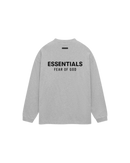 Achterzijde van de Fear of God Essentials Jersey Long Sleeve T-Shirt Light Heather Gray met groot Essentials logo in zwart over de rug