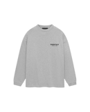 Studio opname van de Fear of God Essentials Jersey Long Sleeve T-Shirt Light Heather Gray met ronde hals en zwart Essentials logo op de borst
