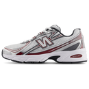 New Balance 740v2 Mercury Red Castlerock zijaanzicht met rode accenten, grijze overlays en sportieve retro zool


