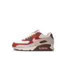 Zijkant van de Nike Air Max 90 NRG Bacon met suède en leer in rood, bruin, beige en roze – geïnspireerd op baconstrips met OG Air Max 90 shape