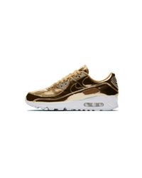 Zijkant van de Nike Air Max 90 SP Metallic Gold met volledig goudkleurige upper en witte midsole – glanzende statement sneaker met retro DNA