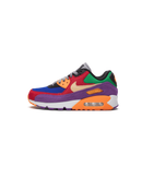 Zijkant van de Nike Air Max 90 Viotech 2.0 Red met rood suède, paarse eyestays en felgele Swoosh – opvallende colorblocking met Viotech DNA