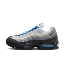 Nike Air Max 95 OG Big Bubble Blue Spark zijaanzicht met golvende panelen in grijs, blauw en zwart, zichtbare Air-units en retro running look

