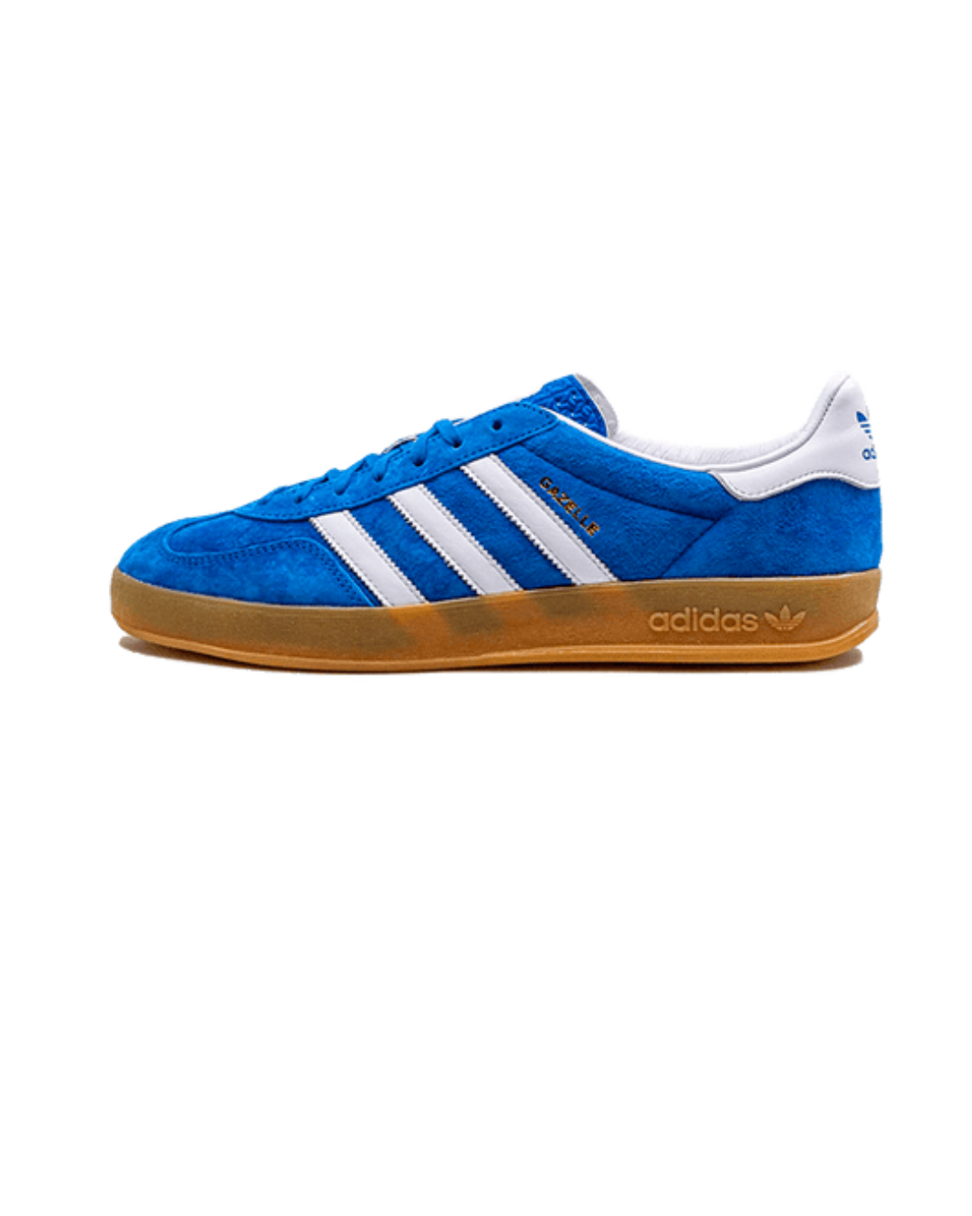 Adidas Gazelle Indoor Blue Bird Gum – vooraanzicht retro sneaker met helderblauwe suède upper en transparante gumzool