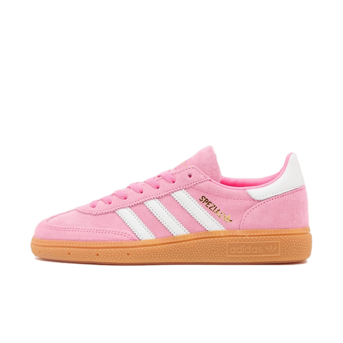 Adidas Handball Spezial Lucid Pink – vooraanzicht van retro indoor sneaker met lichtroze suède upper en witte 3-Stripes op gumzool