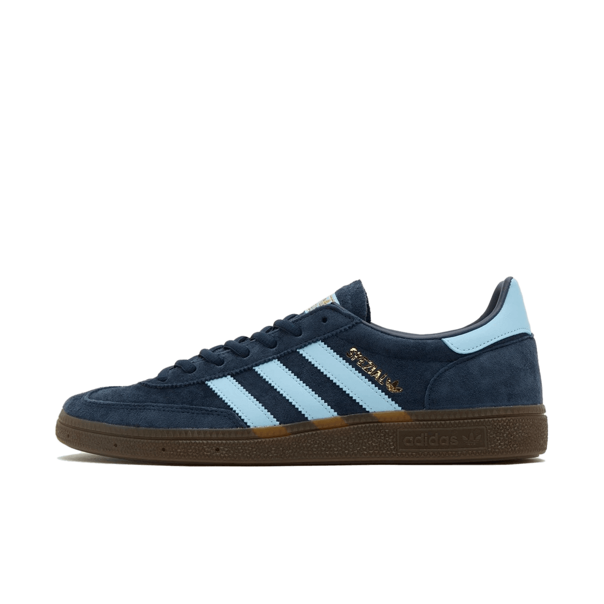 Adidas Handball Spezial Navy Gum – vooraanzicht met donkerblauwe suède upper, witte 3-Stripes en klassieke gumzool